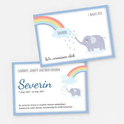 Danksagungskarten mit Elefant. Einladung zur Trauerfeier drucken.