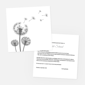 Eine Beileidskarte mit einer minimalistischen Illustration von Löwenzahnsamen auf der Vorderseite und einem deutschen Brief im Inneren.