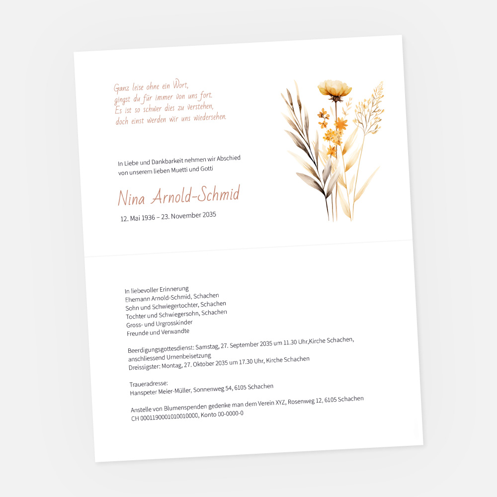 tlz_trockenblumen_tlz_180x112-5_1s_000_weiss_vorschau1 Eine Beerdigungsankündigungskarte mit einer floralen Illustration auf der rechten Seite. Die Karte ehrt Nina Arnold-Schmid und enthält ihr Geburts- und Sterbedatum, Angaben zur Trauerfeier und ein kurzes Gedicht in deutscher Sprache oben links.