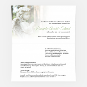 Trauerkarte Trockenblume mit elegantem Blumenmotiv links. Deutscher Text informiert über das Ableben und die Trauerfeier von Hanspeter Arnold-Schmid, inklusive Angaben zu Datum, Uhrzeit und Familie.