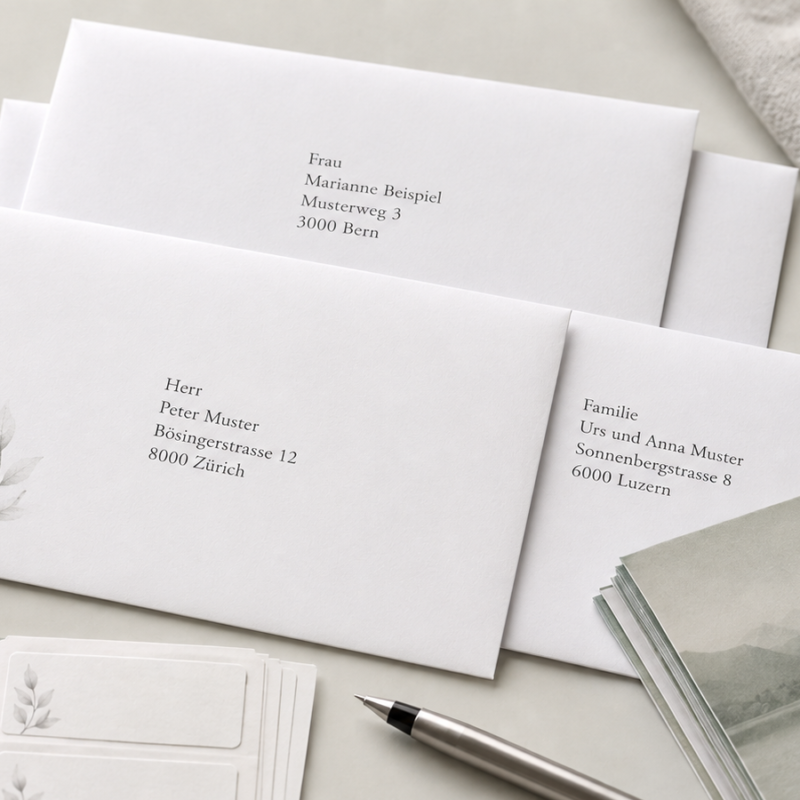 Drei weiße Umschläge mit aufgedruckten Adressen in deutscher Sprache liegen auf einer hellen Fläche, daneben ein Stift, etwas Papier und Aufkleber mit Blattmotiven. Die Briefumschläge sind an Empfänger in Bern, Zürich und Luzern adressiert.