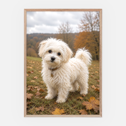 Ein gerahmtes Foto eines kleinen, flauschigen weißen Hundes, der auf Gras mit herabgefallenen Herbstblättern steht, vor dem Hintergrund von Bäumen in Herbstfarben unter einem bewölkten Himmel.