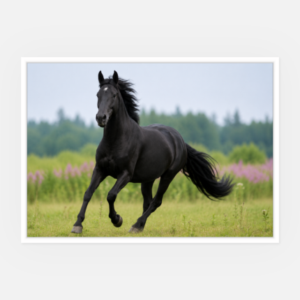 Das Bild „Portrait mit Rahmen quer“ zeigt ein schwarzes Pferd, das kraftvoll über eine Wiese galoppiert, im Hintergrund sind verschwommene grüne Bäume und violette Wildblumen zu sehen, während Mähne und Schweif anmutig im Wind wehen.