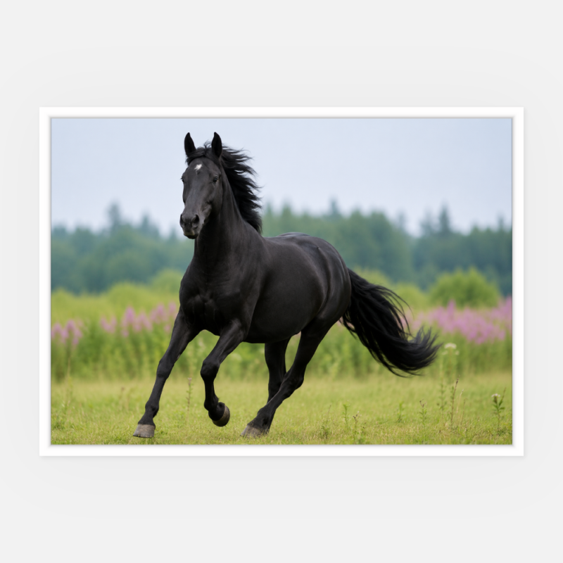 Das Bild „Portrait mit Rahmen quer“ zeigt ein schwarzes Pferd, das kraftvoll über eine Wiese galoppiert, im Hintergrund sind verschwommene grüne Bäume und violette Wildblumen zu sehen, während Mähne und Schweif anmutig im Wind wehen.