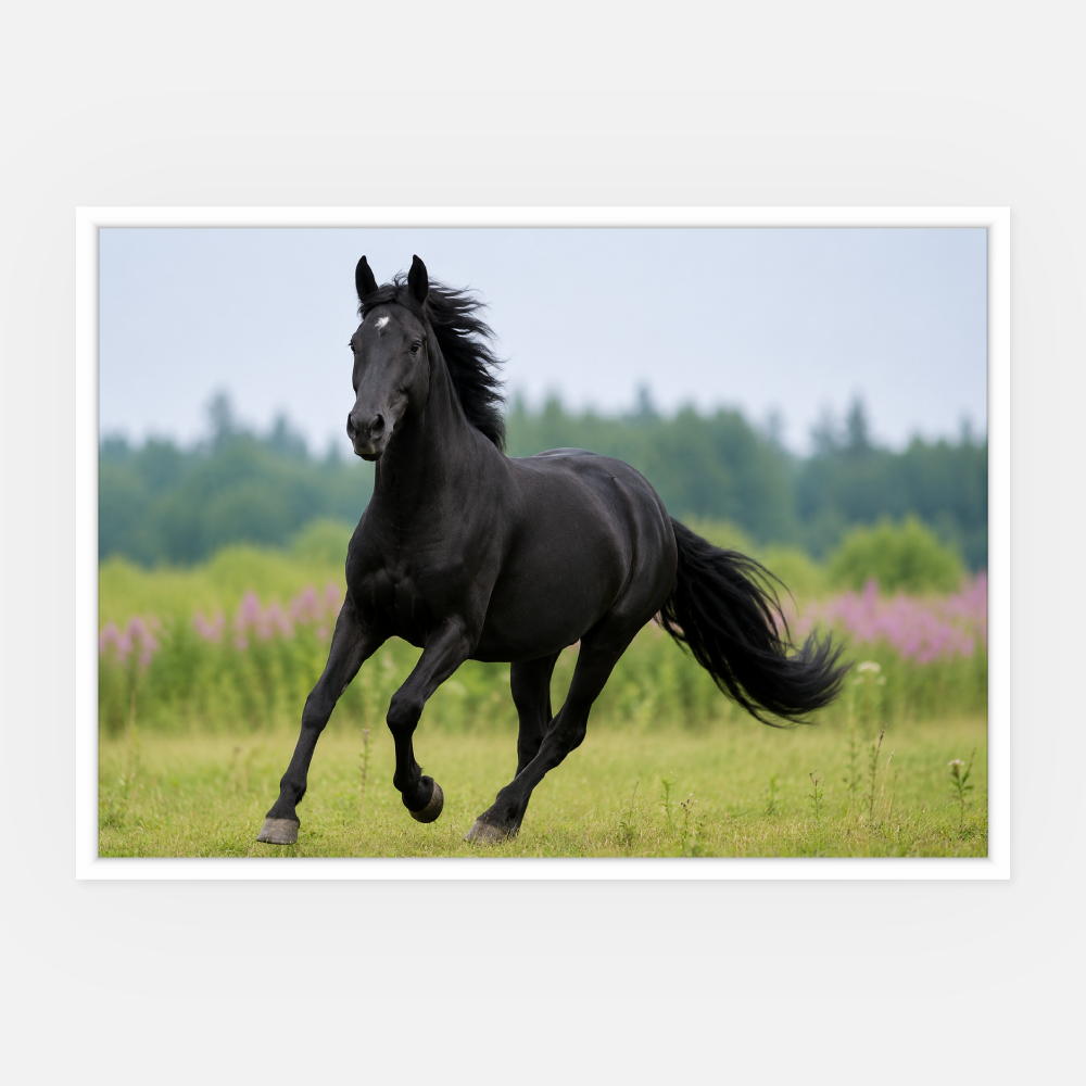 Portrait-quer-Haustiere-vorschau3 Das Bild „Portrait mit Rahmen quer“ zeigt ein schwarzes Pferd, das kraftvoll über eine Wiese galoppiert, im Hintergrund sind verschwommene grüne Bäume und violette Wildblumen zu sehen, während Mähne und Schweif anmutig im Wind wehen.