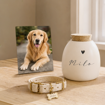 Auf einem Holztisch stehen ein Foto eines Golden Retrievers, ein cremefarbenes Halsband mit einem Anhänger mit der Aufschrift „Milo“ sowie eine Keramikurne mit der Aufschrift „Milo“ und einem Herz, die eine Gedenkstätte für das Haustier bilden.