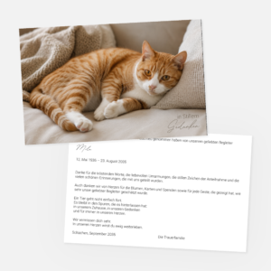 Eine Beileidskarte mit dem Bild einer orange-weißen Katze auf einem Sofa sowie einer Nachricht, in der für die Unterstützung nach einem Verlust gedankt wird.